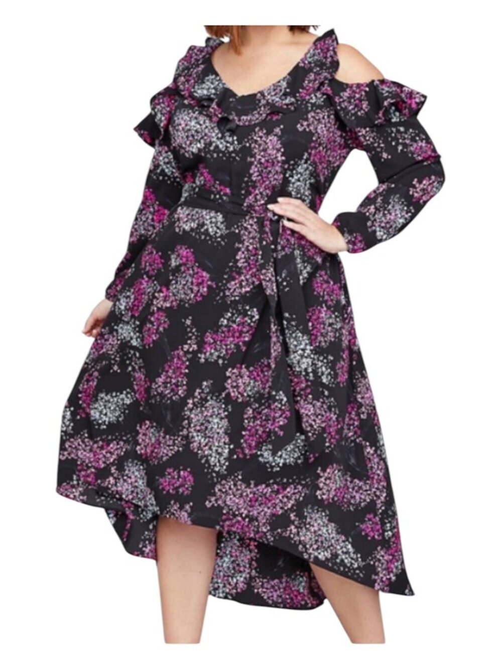 Lane Bryant  Plus Floral Cold Shoulder High Low Midi Dress 18 Belted Ruffle